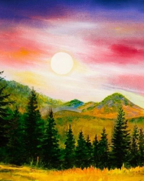 Закат в горах акварелью