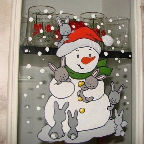 Снеговик на окне гуашью