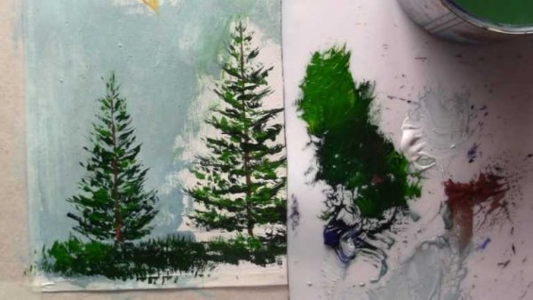 Елка на окне гуашью