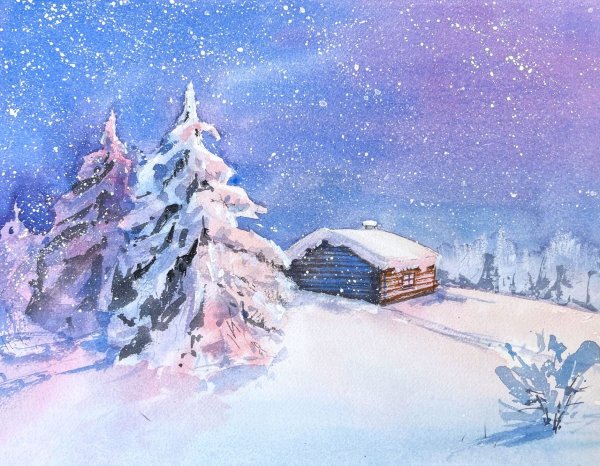Зимний пейзаж акварелью простой