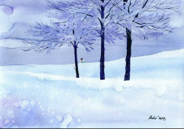 Зимний пейзаж акварелью легкие