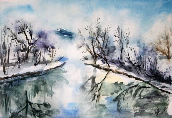 Зимний пейзаж акварелью легко