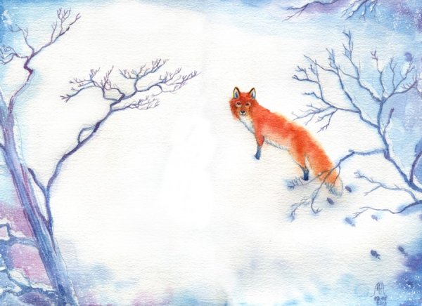 Лисица акварелью в сугробе
