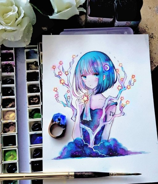 Аниме акварельными карандашами