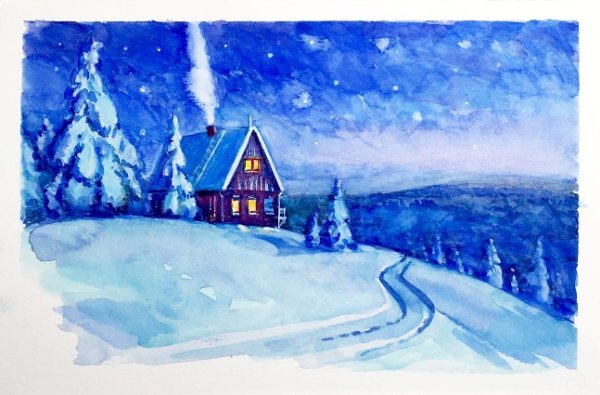 Легкий зимний пейзаж акварелью