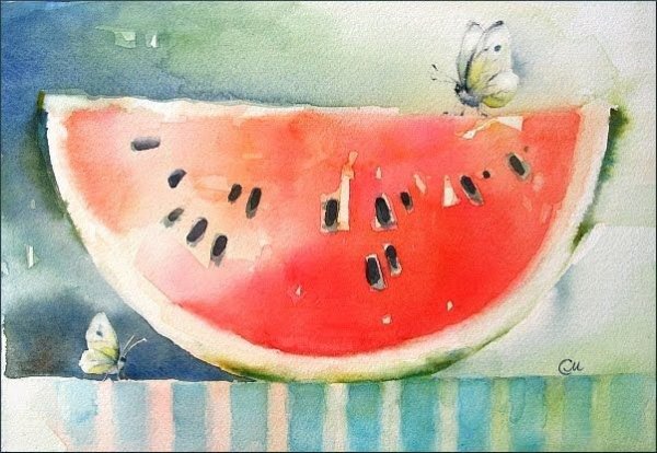 Арбуз по сырому акварель
