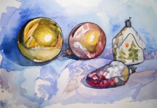 Новогодний натюрморт акварелью
