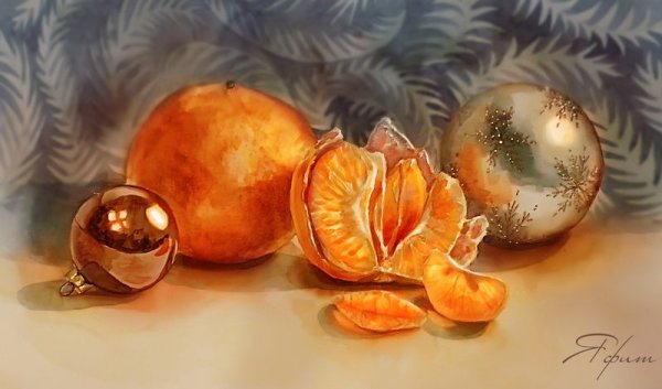 Новогодний натюрморт акварелью