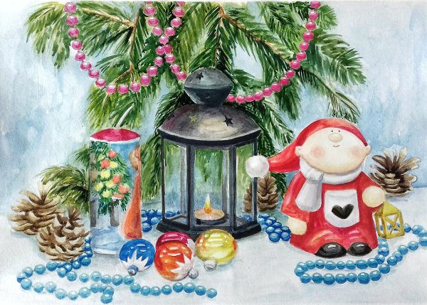 Новогодний натюрморт цветными карандашами
