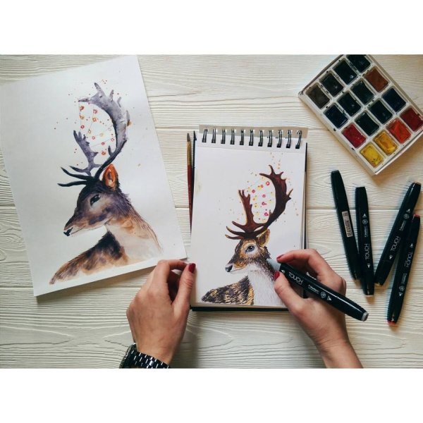 Олень скетч маркерами