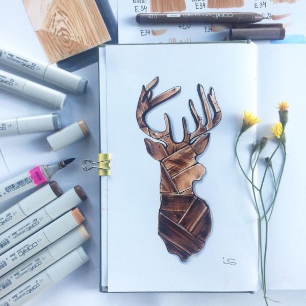 Олень скетч маркерами