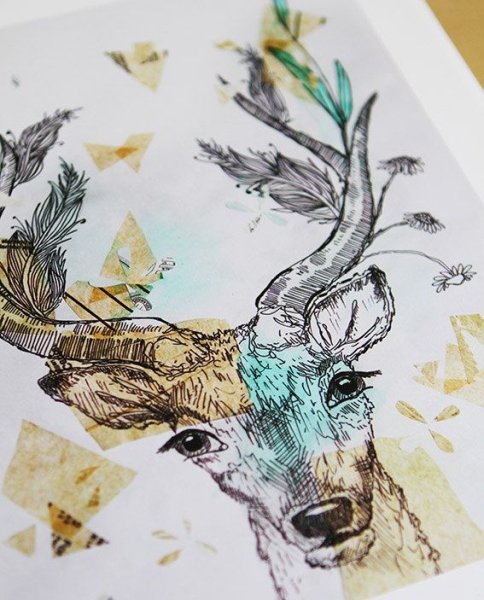 Эскиз олень акварель