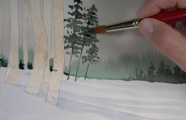 Акварельный зимний лес рисование пошагово