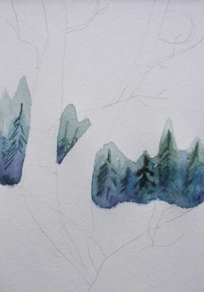Зимний лес акварель