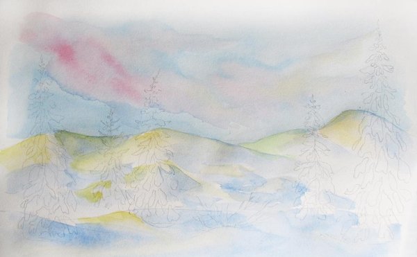 Этапы рисования зимних пейзажей акварелью