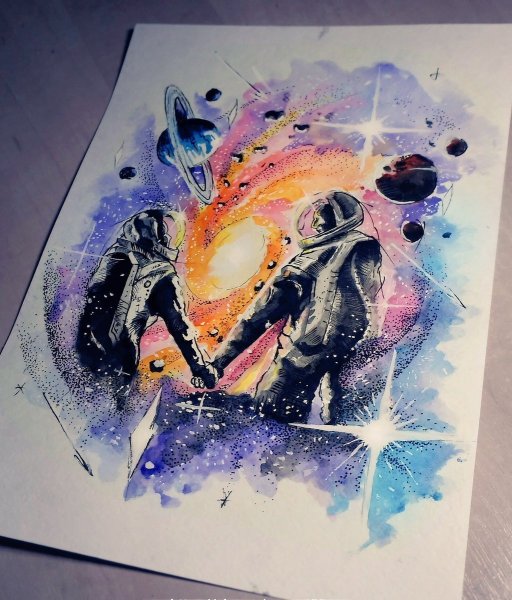 Космос рисунок акварелью