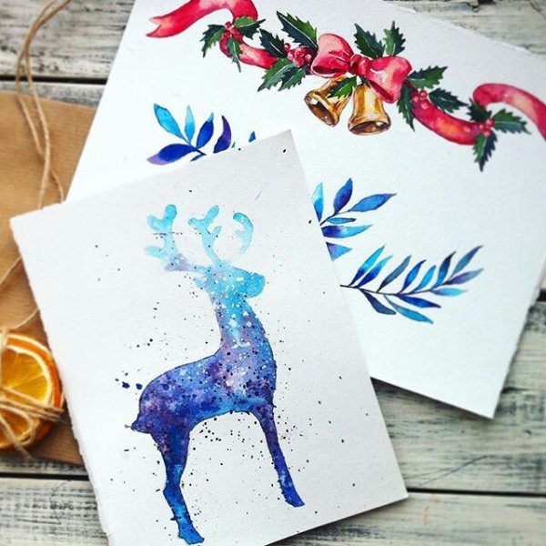 Новогодние открытки акварелью