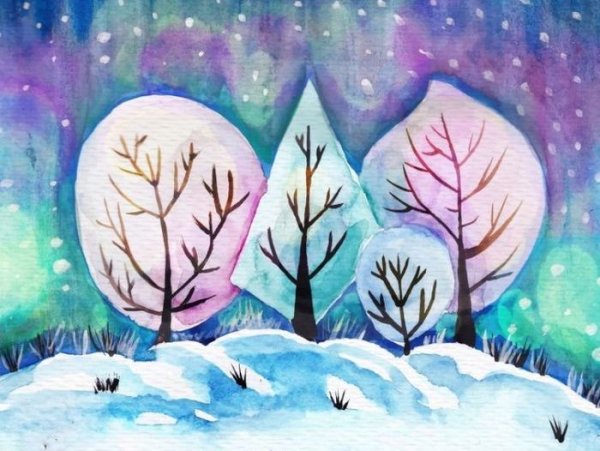 Зимний пейзаж акварелью для детей