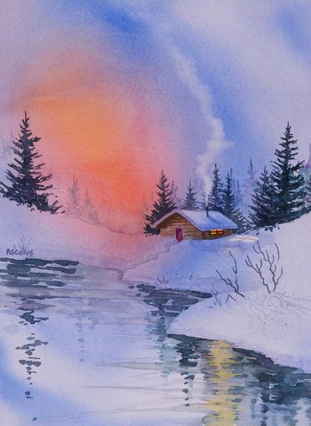 Акварель зима пейзаж