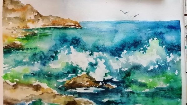 Море акварелью поэтапно