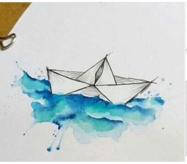 Бумажный кораблик акварель
