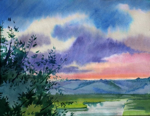 Простой пейзаж акварелью