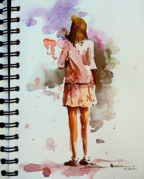 Акварель девушка со спины