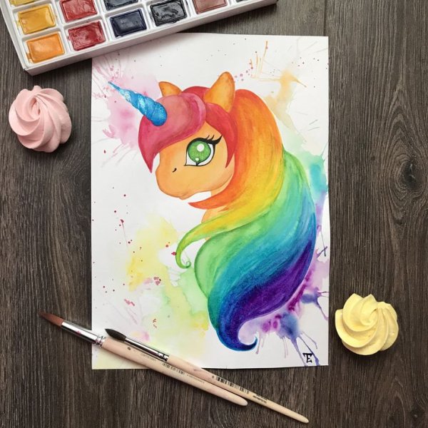 Скетч Единорог акварель