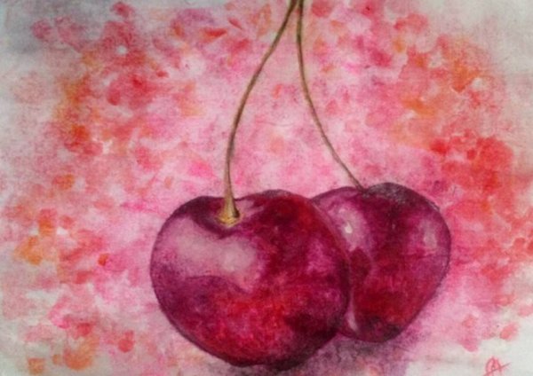 Вишня в технике акварель