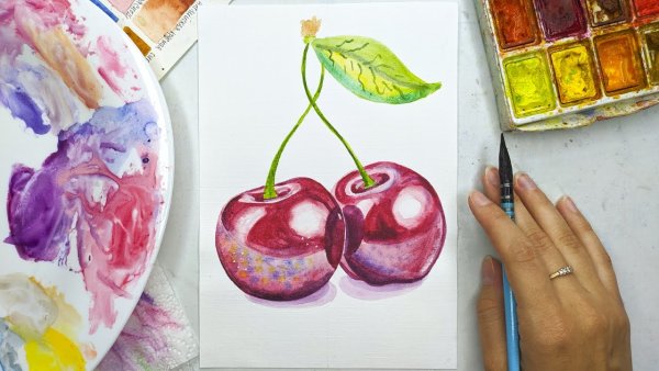 Вишня акварелью для начинающих