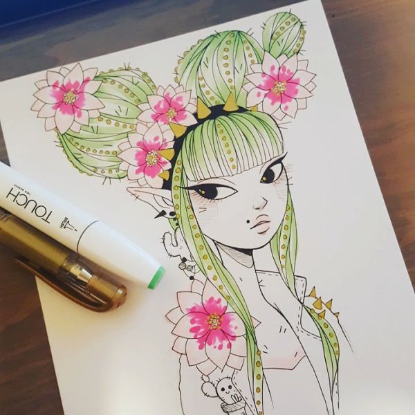 Кактусы маркерами для скетчбука