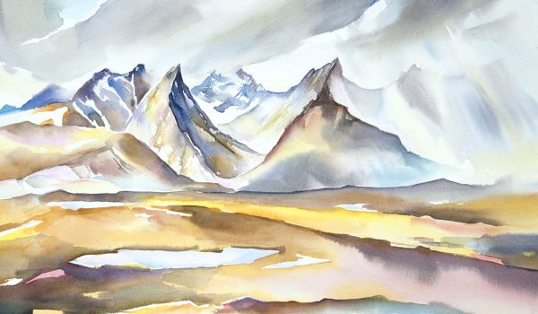 Горы акварелью лессировка