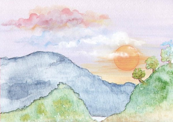 Горы небо акварель