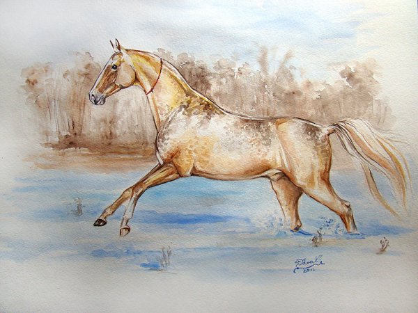 Пейзаж с лошадьми акварелью