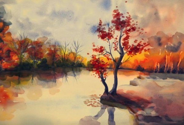 Осенняя природа акварель