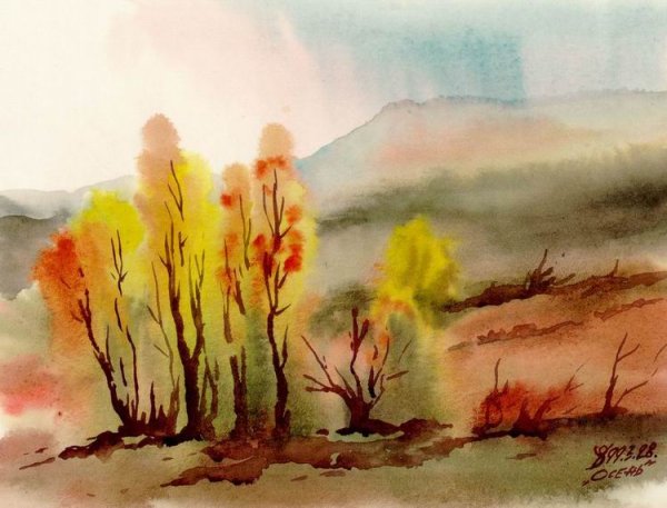 Рисование осеннего пейзажа акварелью