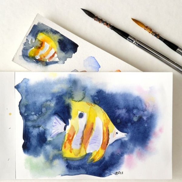 Рыбки акварель линер