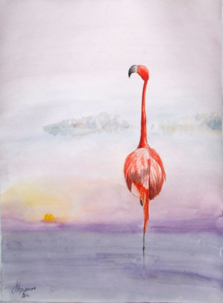 Фламинго акварель с цветами