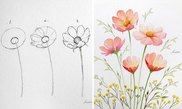 Дерево акварельными карандашами