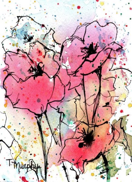 Цветы акварелью и черной ручкой