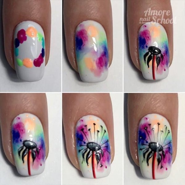 Цветы акварелью на ногтях