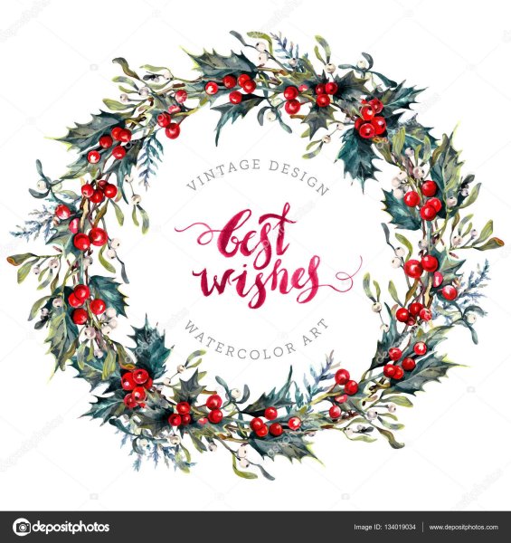 Омела венок акварель