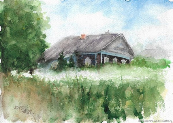 Сельский пейзаж акварелью