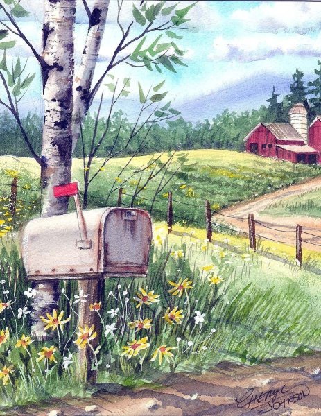 Деревенский пейзаж акварелью