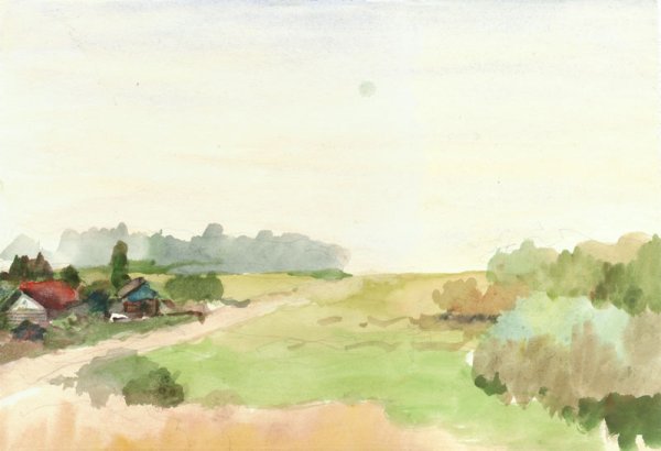 Деревенский пейзаж акварелью