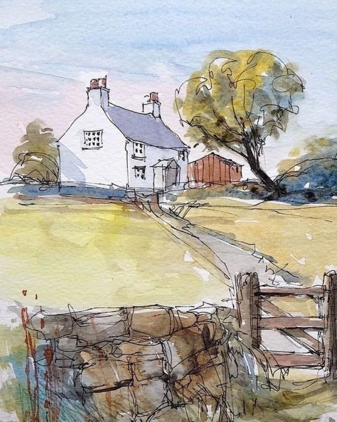 Сельский пейзаж акварелью