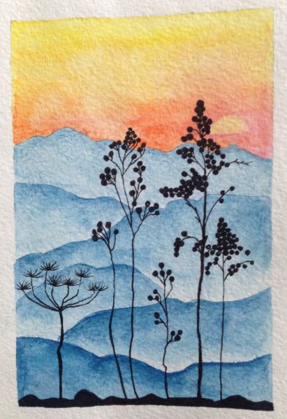 Пейзаж акварелью и ручкой