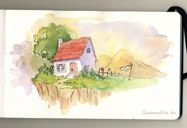 Акварельными карандашами домики