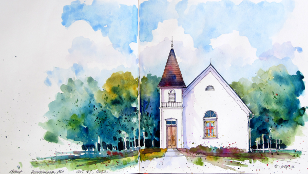 Белое здание акварелью