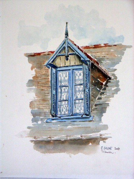 Здание с окном акварель